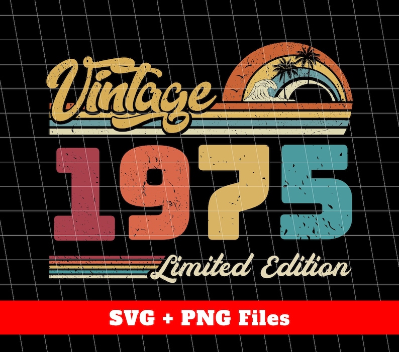 Puede incluir: Dise&ntilde;o gr&aacute;fico vintage 1975 edici&oacute;n limitada con una puesta de sol retro y palmeras. El dise&ntilde;o est&aacute; en tonos de rojo, naranja, amarillo, azul y verde.