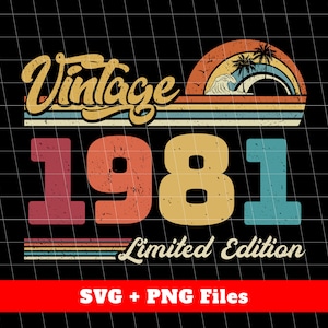 Pode incluir: Design gráfico vintage 1981 edição limitada com um pôr do sol retrô e palmeiras. O design é em tons de laranja, amarelo, azul e vermelho.