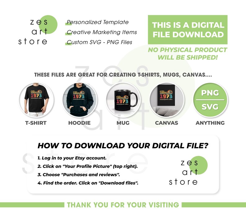 May include: Digital download graphic design files for creating t-shirts, mugs, and canvases. The design features a retro-style graphic with the year 1973 in colorful text. The files are available in PNG and SVG formats.