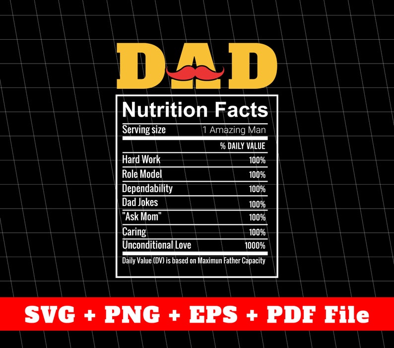 Puede incluir: Un gr&aacute;fico en blanco y negro con la palabra "DAD" en letras amarillas con un bigote rojo sobre la palabra. Debajo de la palabra "DAD" hay una etiqueta de informaci&oacute;n nutricional con el texto "Tama&ntilde;o de la porci&oacute;n: 1 Hombre Incre&iacute;ble" y una lista de cualidades con un valor diario porcentual del 100% para cada una. El &uacute;ltimo elemento de la lista es "Amor incondicional" con un valor diario porcentual del 1000%. El texto en la parte inferior del gr&aacute;fico dice "Valor diario (VD) se basa en la capacidad m&aacute;xima del padre".