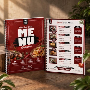 Puede incluir: Un menú de restaurante con encuadernación en espiral y portada de color rojo oscuro con el texto Food And Drink MENU Delicious e imágenes de carne y pasta. La página abierta muestra un Special Food Menu con fotos, precios y recuadros.