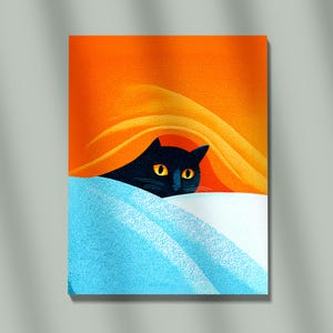 May include: A digital art print featuring a black cat with yellow eyes peeking out from under a blue blanket. The background is orange with yellow wavy lines.