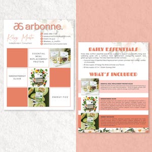 May include: A two-page spread showcasing Arbonne products. The left side displays contact details and product categories: Essential Meal Replacement Protein, Greensynergy Elixir, and Energy Fizz. The right side lists the Daily Essentials bundle, including protein shake, Energy Fizz sticks, and Green Synergy Elixir.