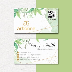Código QR do cartão de visita Arbonne personalizado, cartões de visita Arbonne, cartão de visita Arbonne, cartões imprimíveis em aquarela Arbonne, arquivo digital