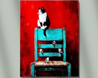 Striking Black And White Cat Sitting On A Textured Teal Chair Against A Bold, Expressive Red Background Pop Art Style, Cute Cat, Cat Sitting