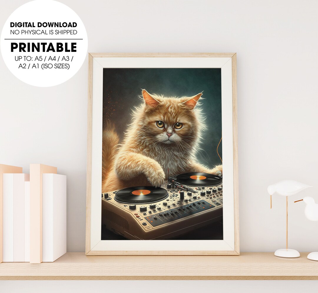 DJ Cat Poster, Cat Playing Music Poster, Funny Cat Poster, Lovely Cat ...