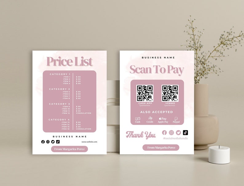 Pinky Scan to Pay & Price List QR Code Template Printable Etsy
