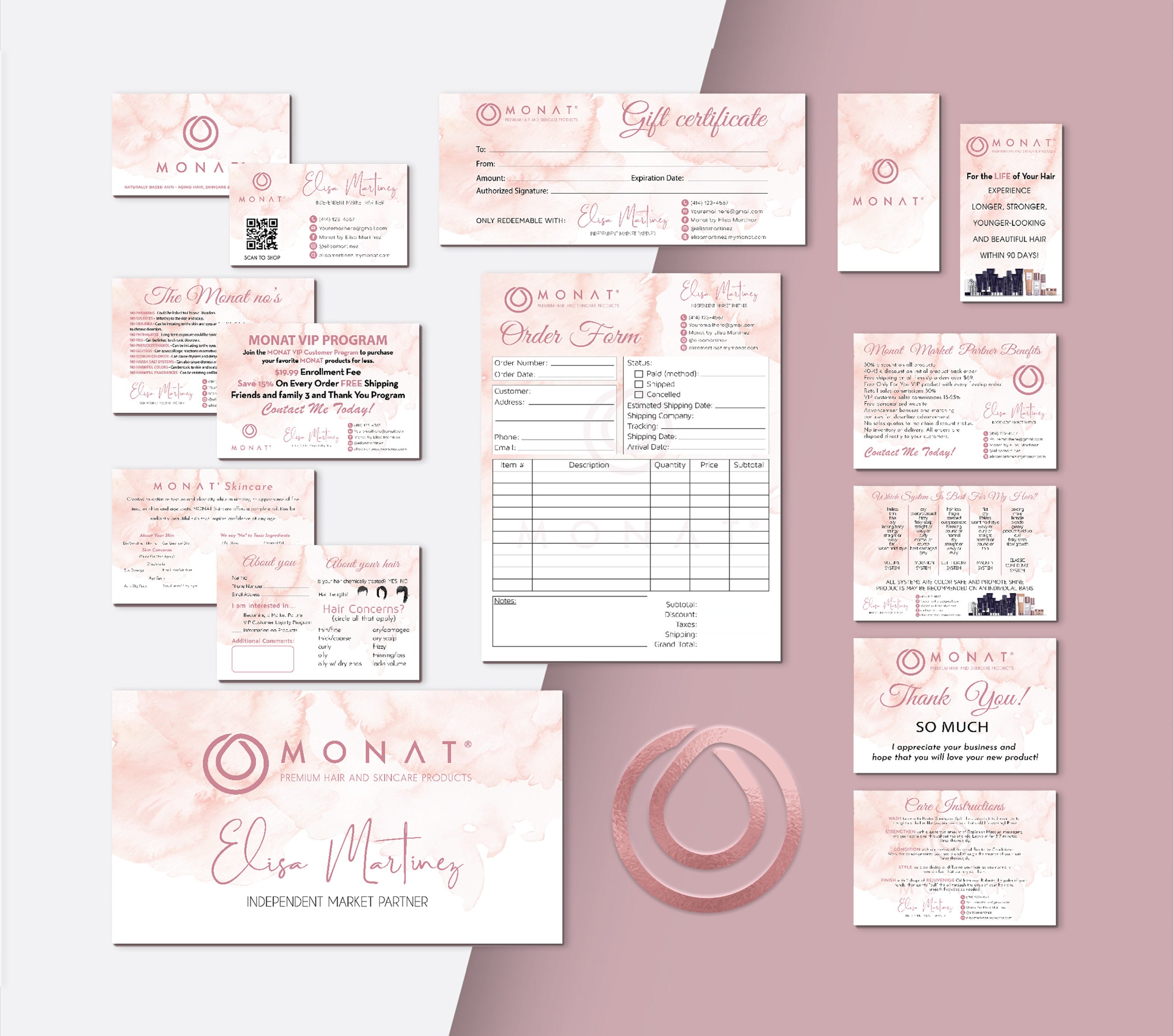 Pink Watercolor Monat Card, Personalized Monat Business Card, Modern Monat Marketing QR Code Cards, Printable Cards, Digital File MN201