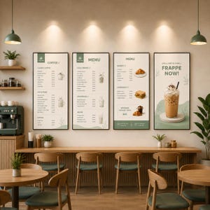 May include: A cafe interior featuring four vertical menu boards on a wall, listing coffee, cold drinks, smoothies, juices, bakery items, and sandwiches. The rightmost board displays a large iced frappe with the text Chill Meets Thrill Frappe Now.