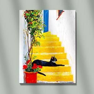 May include: Oil painting of a black cat resting on bright yellow outdoor stairs. A red flower pot with red flowers and green leaves sits to the left of the stairs. A blue door and white textured wall are in the background.