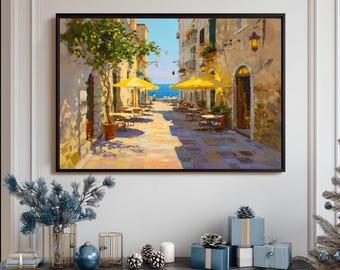 Sun Drenched Mediterranean Coastal Street With Lemon Tree And Yellow Cafe Umbrellas Painting