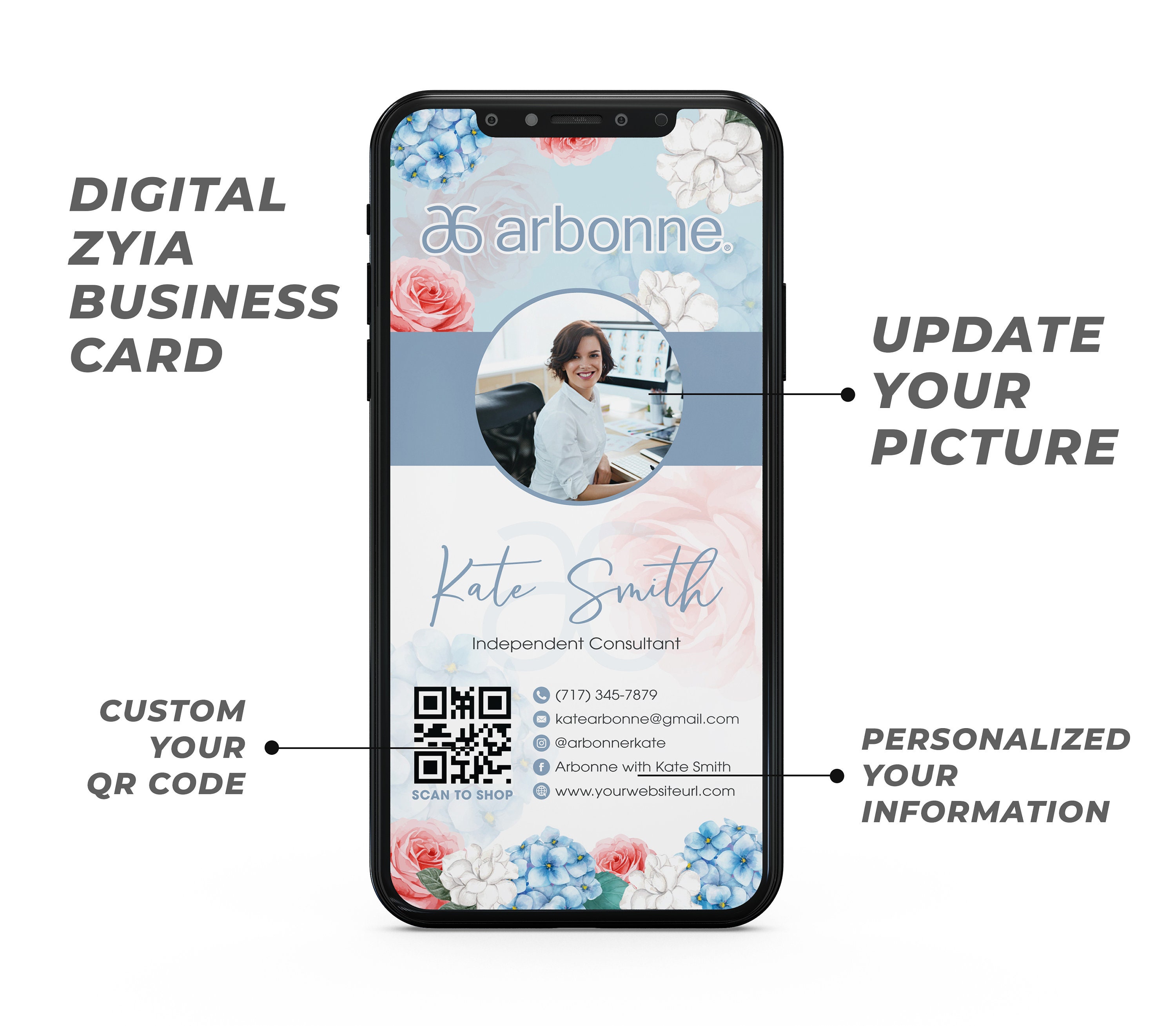 Arbonne Digital Business Card, QR Code Arbonne Business Card, Flower ...