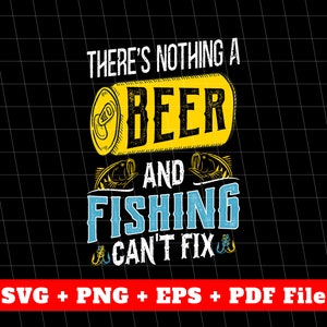 Puede incluir: Un diseño gráfico con un aspecto vintage desgastado que presenta una lata de cerveza y anzuelos de pesca con el texto "No hay nada que una cerveza y la pesca no puedan arreglar".