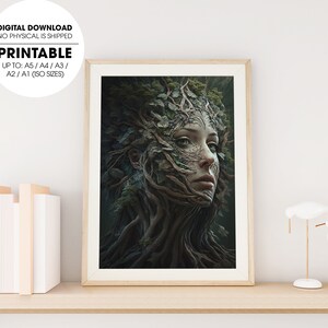 Cartel del bosque de árboles que hablan, árboles vivos que hablan con una mujer joven en un cartel del bosque, cartel de árbol fresco, diseño de carteles, arte imprimible