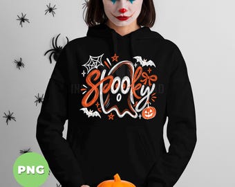 Spooky Ghost Halloween PNG Download, Orange White Halloween Script Design, Pumpkin Bat Spider Web Sublimation Printable