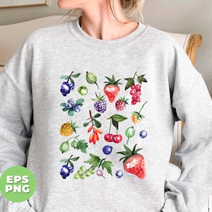 Cottagecore Sommerbeeren, Botanischer Garten, Erdbeerkleidung, Sommerfrüchte, Beerenarten, Liebesbeeren, Png-Datei, Png-Sublimation