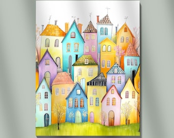 Whimsical Colorful Village Houses Illustration Vibrant Fairy Tale Town Wall Art