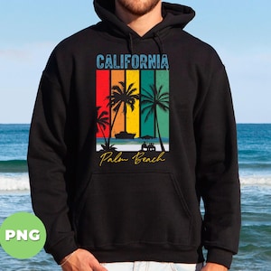 California Palm Beach png, retro zonsondergang palmboom clipart, California Beach shirt png, zomervakantie sublimatie ontwerp, png voor shirt