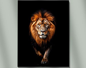 Powerful Close Up Portrait Of A Majestic Lion Emerging From Intense Dark Black Background