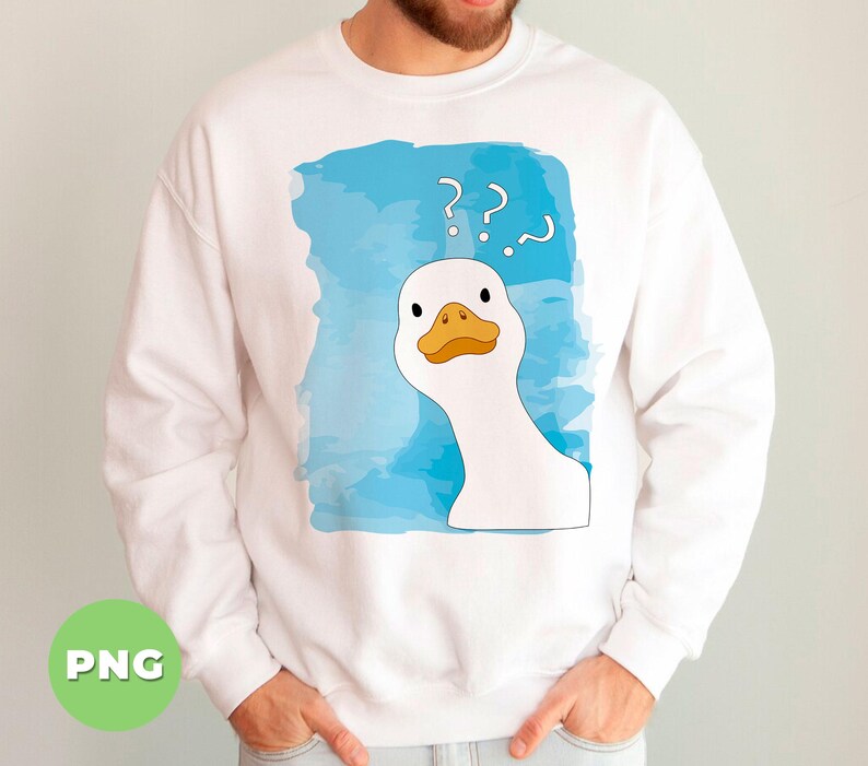 May include: White sweatshirt with a blue watercolor background and a white goose with a yellow beak and orange feet. The goose is looking to the right and has question marks above its head.