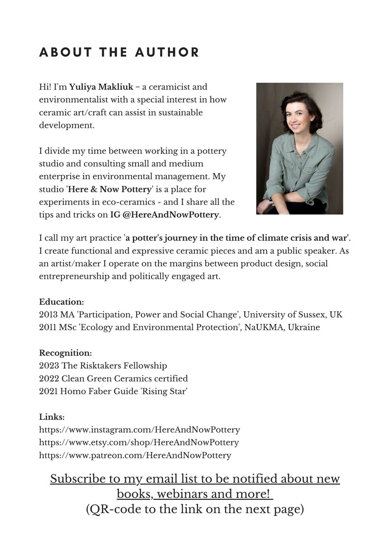 May include: A headshot of Yuliya Makliuk, a ceramicist and environmentalist. The image is accompanied by text about her work and background. The text includes her studio name, "Here & Now Pottery", and her Instagram handle, @HereAndNowPottery.