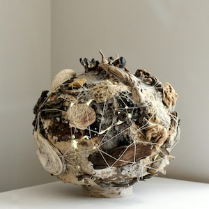 Wild Clay Ceramic Sphere Sculpture: Stitched with Natural Objects