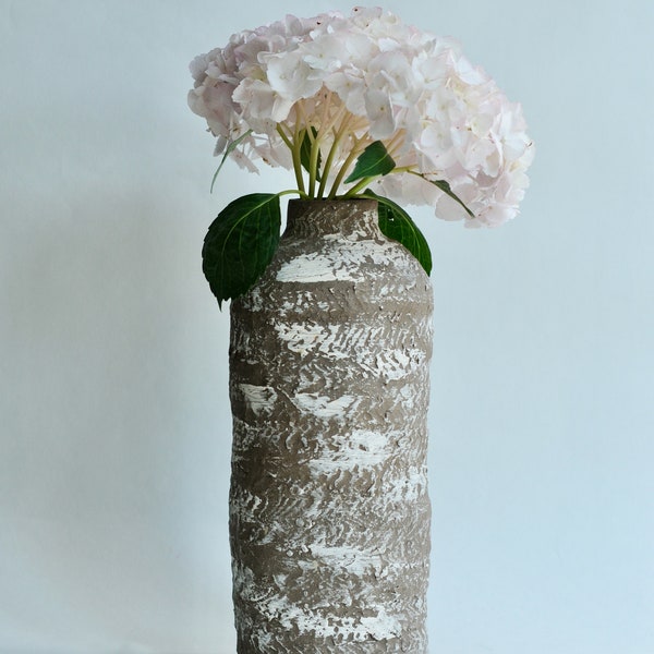 Hand thrown textured primitive stoneware table bottle vase in Wabi sabi style, Ikebana pottery tall pitcher, Rustic studio ceramics