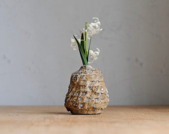 Upcycled ceramic bud vase, Sustainable pottery sculpture, Melted glass vase for one flower, Ikebana vase, Sculptural quirky weird vase