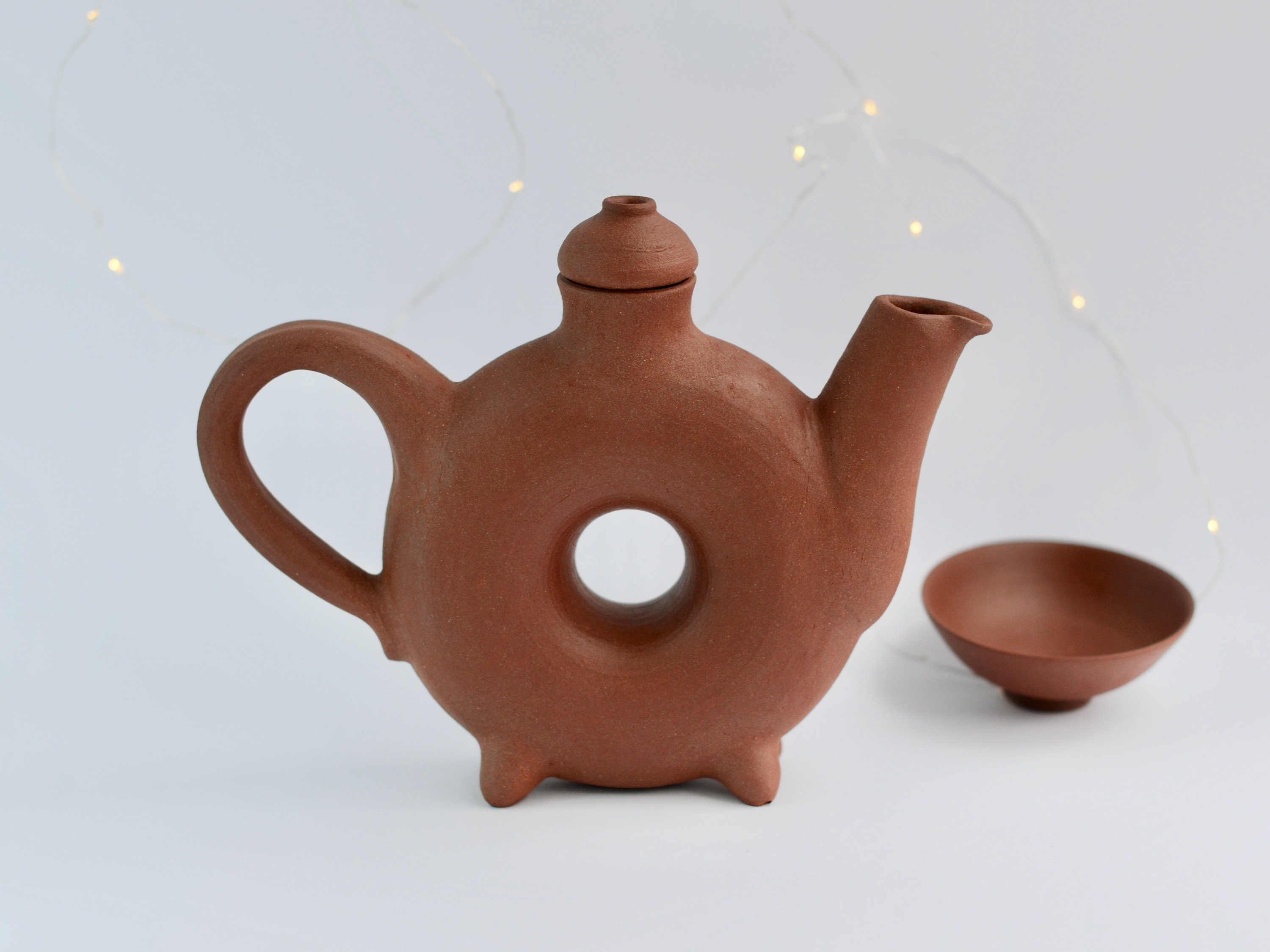 Red clay unglazed tea pot 300 ml 10 oz. Donut circle kettle Etsy