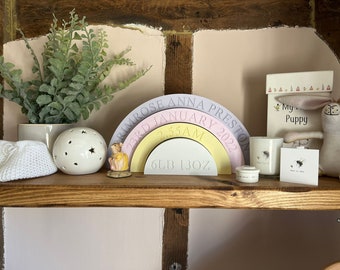 Personalized Engraved Rainbow Stacking Toy, Pastel Nursery Decor