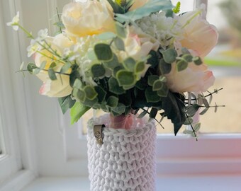 Handmade Crochet Vase Huggie with Glass Vase, Recycled Cotton Decor