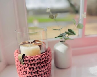 Crochet Candle Huggie with Glass Vase, Handmade Boho Decor