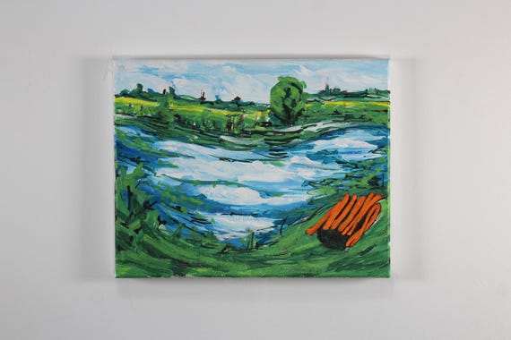 Acrylic lakeside open air painting title: Moss lake aesthetic painting for the wall find out more.