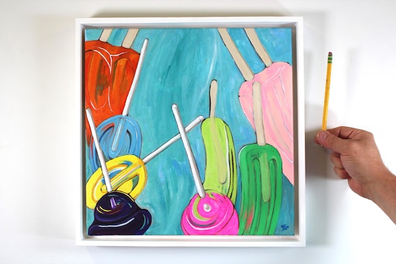 Pop art acrylic painting original one of a kind hand painted framed wall art. (15"x15")