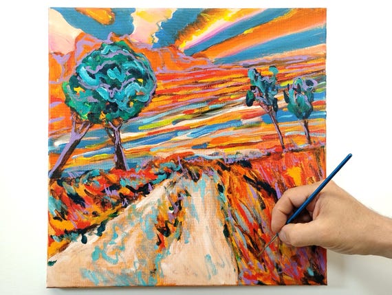 Original Acrylic Painting: Red Sun Landscape, 14"x14" (2026)