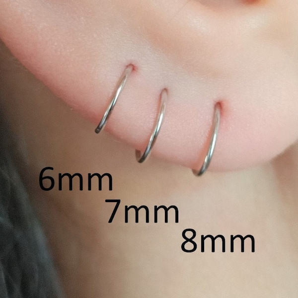 Silver Huggie Hoop Earrings,Gold  Cartilage Piercing, 6mm 7mm 8mm. thickness 22gauge