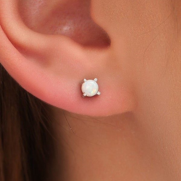 white opal stud earrings,sterling silver opal nose stud,4mm white opal stud,sterling silver opal prong stud earring,dainty opal stud earring