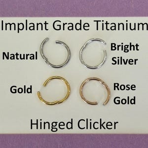 May include: Four implant grade titanium hinged clicker rings arranged in a grid. The colours are labelled as Natural, Bright Silver, Gold, and Rose Gold. The text Implant Grade Titanium and Hinged Clicker is printed above and below the rings.
