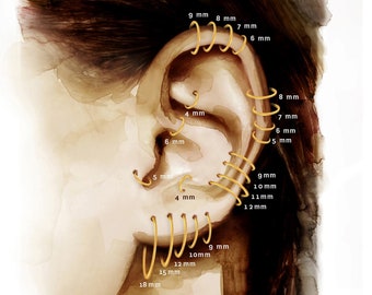 May include: Diagram of an ear with various sizes of gold hoop earrings marked in millimeters. The sizes range from 4 mm to 18 mm.