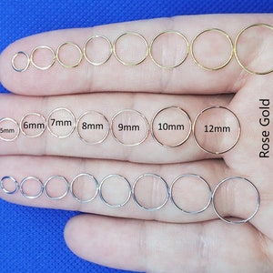 Créoles de tous les jours. Créoles de cartilage légères en or et argent. Septum d'anneau dans le nez. Épaisseur moyenne 0,64 mm (calibre 22). Diamètre intérieur 4 mm à 12 mm