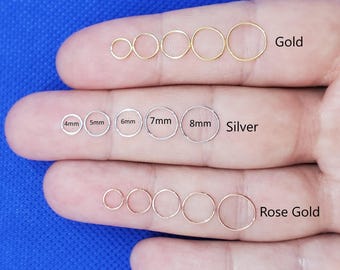 Very lightweight Thin Earring-Nose Rings, Silver-Gold Filled,Implant Grade Titanium,Thickness 23-22-20-18-16gauge-Inner Diameter 4mm to 12mm