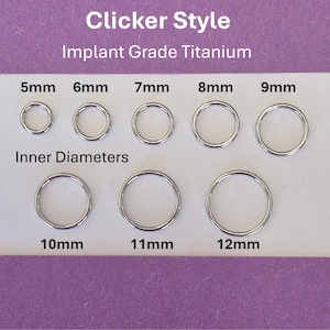May include: A collection of clicker-style rings made of implant-grade titanium. The image displays rings with inner diameters ranging from 5mm to 12mm. The text on the image reads "Clicker Style" and "Implant Grade Titanium".