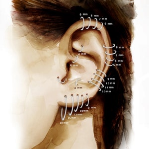 parure de petites créoles en argent. boucles d'oreilles conques. boucle d'oreille huggie helix. parure de boucles d'oreilles en or. boucle d'oreille en cartilage. Epaisseur : 23-22-20