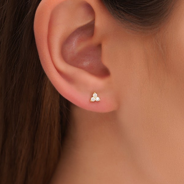 diamond three stud earrings, triangle CZ stud earrings, dainty gold flower diamond stud earrings, small trinity stud white diamond earrings