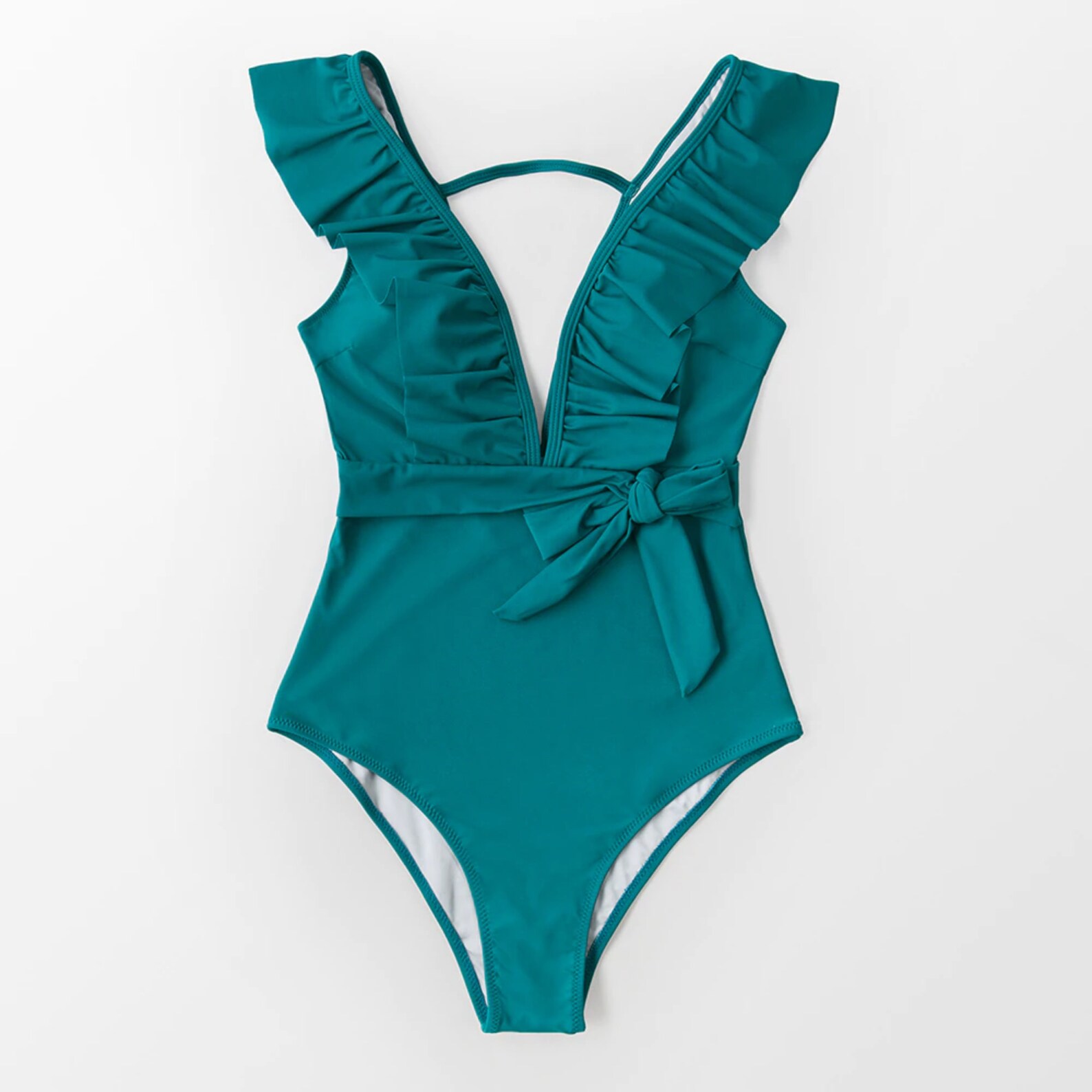Teal Green Ruffled Deep Vneck Swimsuit Plunging Vneck Etsy