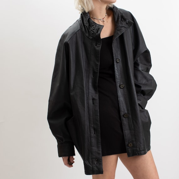 Vintage 80s Black Leather Jacket- Batwing Sleeves