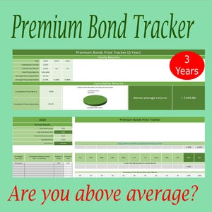 May include: A green and white chart titled "Premium Bonds Prize Tracker (3 Year)" shows yearly returns for three years. The chart includes a pie chart showing cumulative returns and a table with data about total bonds held, total prize money won, and average prize money won. The chart also shows that the user is above average returns and has earned €199.80. The text "Are you above average?" is written below the chart.