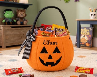 Bolsa de Halloween personalizada con forma de calabaza de peluche, cubo de dulces con nombre personalizado, cesta de Halloween para niños, bolsa de calabaza de Halloween, regalo de Halloween para niños pequeños