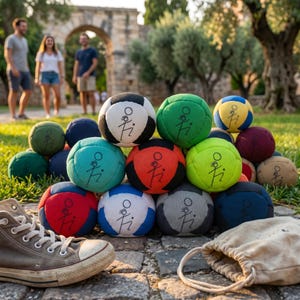 May include: A collection of colorful hacky sacks, each with a unique color scheme and a stylized figure design. The hacky sacks are arranged in a pyramid shape on a stone surface, with a canvas bag and a sneaker in the foreground.
