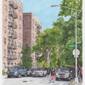 May include: Watercolour painting of a city street scene with apartment buildings, cars, and pedestrians. The buildings are brick with fire escapes. A street sign reads "W 187" and "Bennett". The sky is blue, and trees line the street.